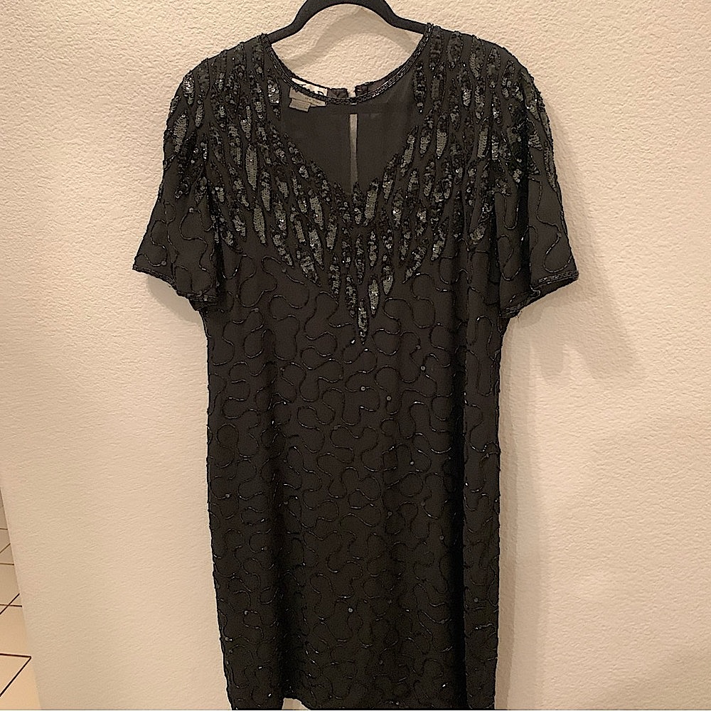 Vintage JMD New York Beaded Sequined Black Formal Gown Dress Plus 1X Evening
